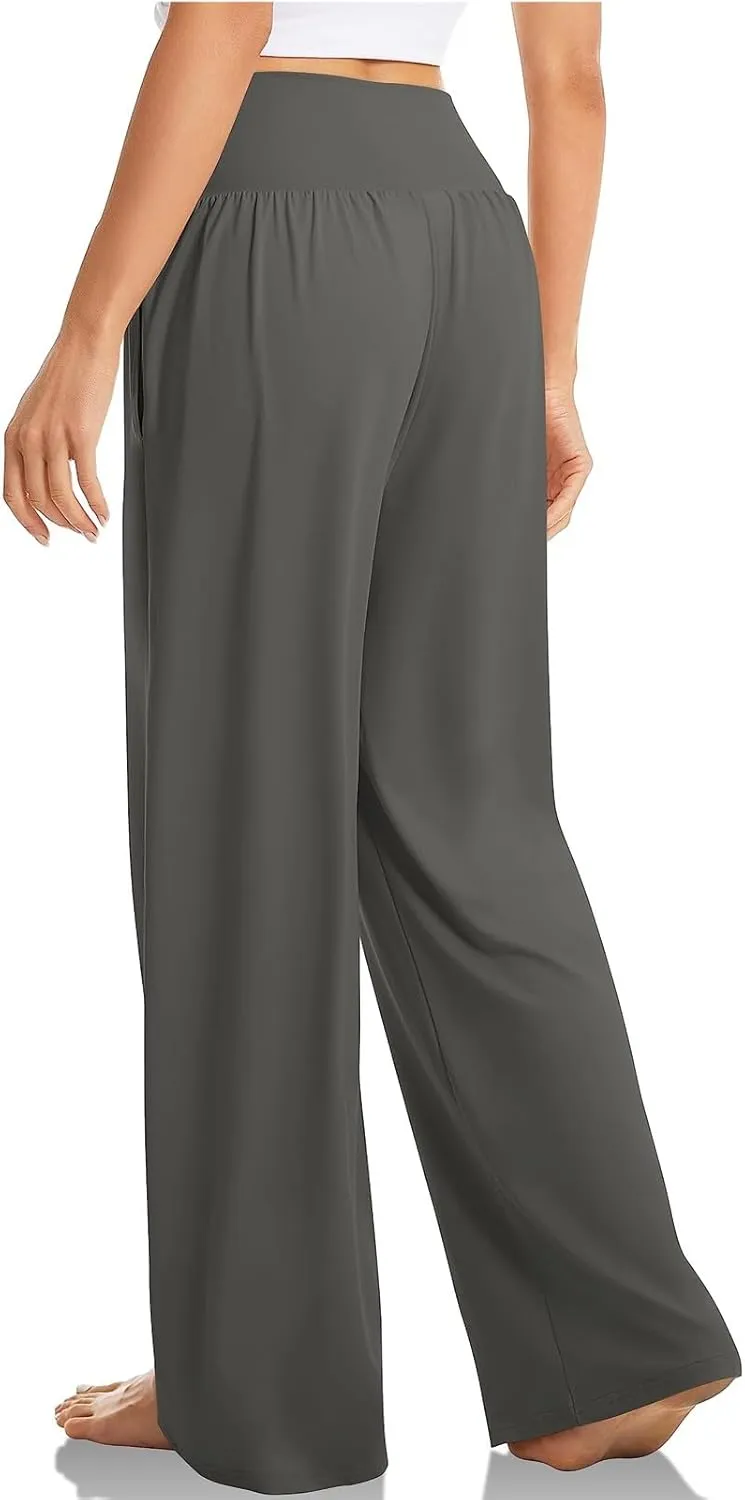 Yoga Pants with Pockets for Women Crossover V Waist Wide Leg High Waisted Casual Lounge Pants Straight Leg Pull on Pants