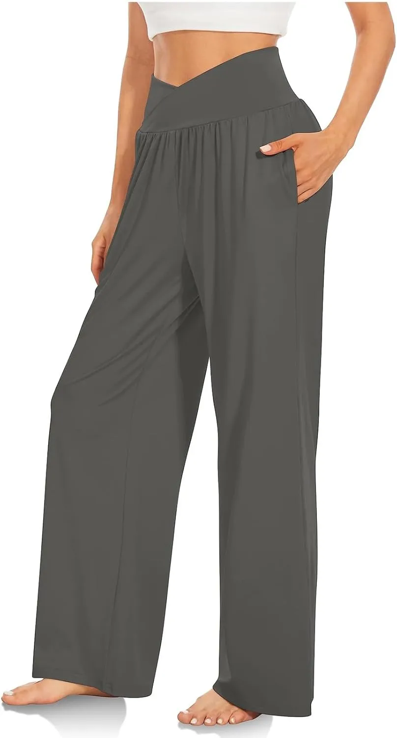 Yoga Pants with Pockets for Women Crossover V Waist Wide Leg High Waisted Casual Lounge Pants Straight Leg Pull on Pants