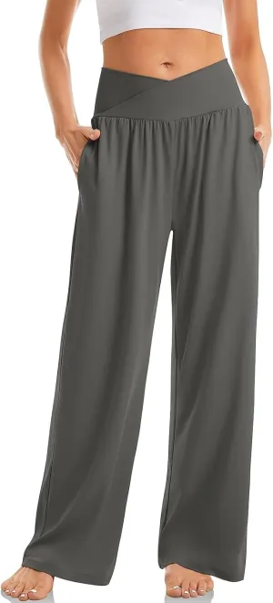 Yoga Pants with Pockets for Women Crossover V Waist Wide Leg High Waisted Casual Lounge Pants Straight Leg Pull on Pants